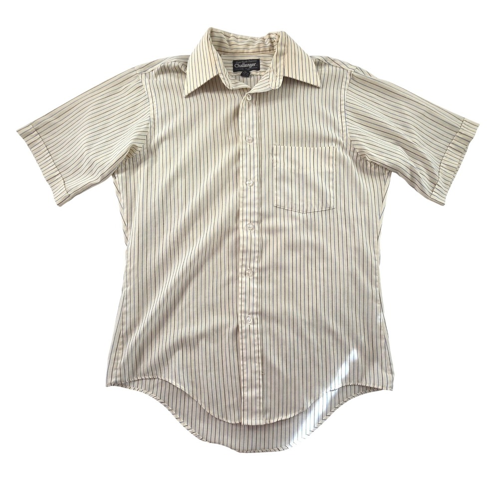 Challenger Pinstripe Button Down Shirt Short‎ Sleeve Tan Blue Large Vintage 70s